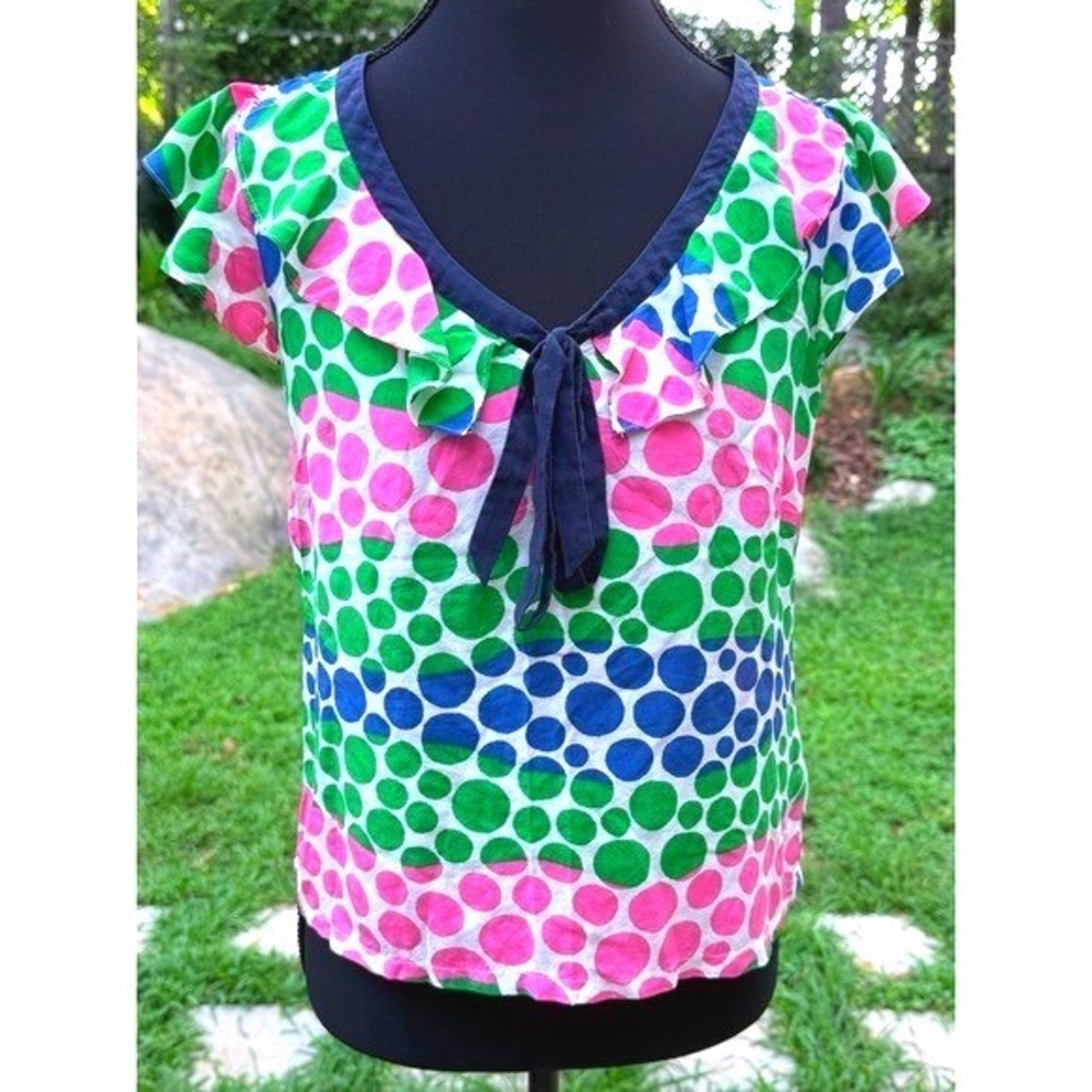 Anthropologie We Love Vera 100% Silk Pink Green Polka Dot Ruffle Blouse 0